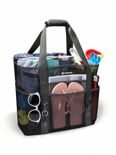 Oversized Girls Swimming Pool Tote Bag With Multi Pockets, Foldable, Travel Beach Bag, Mesh Design, Lightweight, Foldable Into A Small Cube To Put In Luggage, Suitable For Shopping, Beach, Road Trip, Cruise Trip