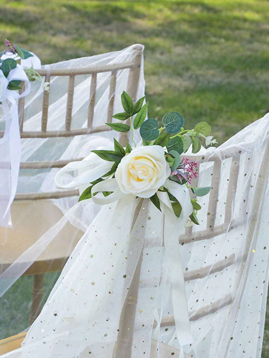 6入組婚禮通道花束裝飾,婚禮儀式椅子裝飾,使用人造花環墊、尤加利和絲帶 - 黃色 - 查看 1
