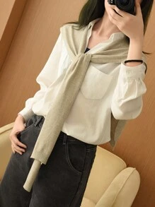 1 件女用糖果色針織披肩休閒彈性防風保暖圍巾時尚斗篷開襟衫 - 彩色 - 查看 8