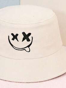 1pc Outdoor Leisure Sun Hat For Spring And Summer, Ladies' Tourist Holiday Sunscreen Embroidered Expression Bucket Hat, Y2k Men's Basin Hat, Style - Beige - View 2
