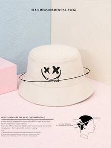 1pc Outdoor Leisure Sun Hat For Spring And Summer, Ladies' Tourist Holiday Sunscreen Embroidered Expression Bucket Hat, Y2k Men's Basin Hat, Style - Beige - View 3