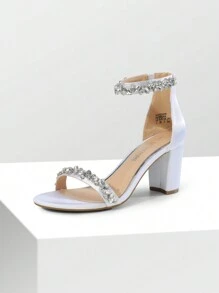 Women Rhinestone Decor Chunky Heeled Ankle Strap Sandals, Glamorous Party Heeled Sandals, For Daily, Wedding, Vacation, Prom Valentines - White - View 5