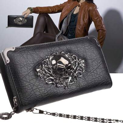 Cartera Estilo Gótico Para Dama Con Cadena Y Diseño Cráneo, Billeteras de cráneo para mujeres, cierre alrededor de la billetera gótica gran capacidad de cartera larga tarjeta de crédito pulsera para mujeres