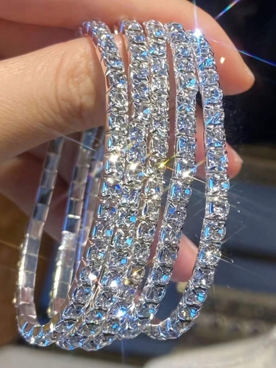 5pcs Glittering Rhinestone Beaded Elastic Bracelets Party Style Adjustable Stretchy Chain Bracelets, Ideal Women Gifts - Silver - View 1