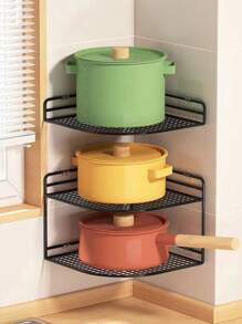 1pc Kitchen Corner Shelf For Pot And Pan Storage, Wall Mounted With Hooks And Layers - Black - View 1