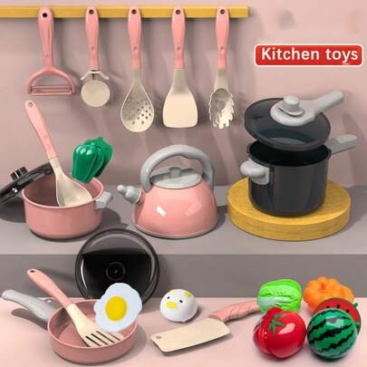 Mini-Size Kids Pretend Play Kitchen Cookware Toy Set, Pressure Cooker Induction Cooktop Cutting Fruits, For Boys Girls (Product Size Is Mini, Please Do Not Purchase If You Mind),Toy>Girl,Kitchen Pink,Mini Kitchen Toy