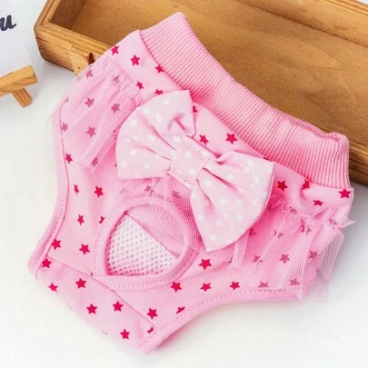 Bragas fisiológicas lindas con estampado de mascotas de dibujos animados, con ribete de encaje y decoración de lazo, pañal menstrual multiusos para perros pequeños, pantalones sanitarios