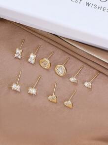 Hihho 10pcs Classic & Fashionable Minimalist Design Colored Zirconia Women's Stud Earrings Set, Gift Box Packaging - Yellow Gold - View 2