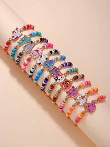 12入組手工編織小圓片彈性珠串手鐲,卡通貓主題,適用於女孩子 - 彩色 - 查看 6