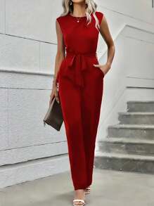 Mono sencillo de pierna ancha con cinturón ajustable cuello redondo sin mangas casual para mujer - Rojo - Ver 1