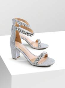 Women Rhinestone Decor Chunky Heeled Ankle Strap Sandals, Glamorous Party Heeled Sandals, For Daily, Wedding, Vacation, Prom Valentines - Silver - View 7