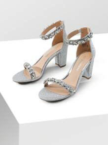 Women Rhinestone Decor Chunky Heeled Ankle Strap Sandals, Glamorous Party Heeled Sandals, For Daily, Wedding, Vacation, Prom Valentines - Silver - View 4