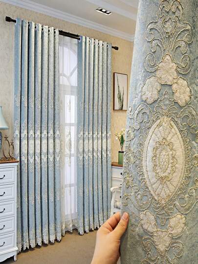 1pc Chenille Yarn Embroidery Window Curtain, Suitable For Home Decoration Such As Bedroom, Living Room, Etc., Sunshading And Anti-Uv