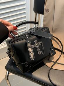 DareSee 1 chiếc túi tote kiểu punk rock mô tô màu đen trang trí hình chữ thập, túi đeo vai và đeo chéo thời trang với chi tiết đinh tán dành cho nữ, hoàn hảo cho sử dụng hàng ngày và làm quà tặng hẹn hò, quà tặng lễ hội âm nhạc Goth. - màu đen - Xem 7