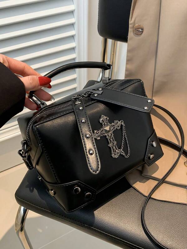 1pc Black Cross Decorated Punk Rock Motorcycle Style Tote Bag, Stylish Rivet Detail Shoulder & Crossbody Makeup Bag For Women, Perfect For Daily Use And Dating Gift