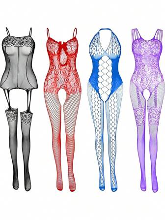 Set Of 4 Women's Sexy Bodysuit With Hollow Out Lace, Floral And Fishnet Design - Sensual, Comfortable, And Stretchy - Suitable For Sleepwear, Lingerie, Or Clubwear - Perfect For Date Night, Lingerie Party, Wedding Night, Valentine's Day, Bridal Gift, Honeymoon And More, Rave