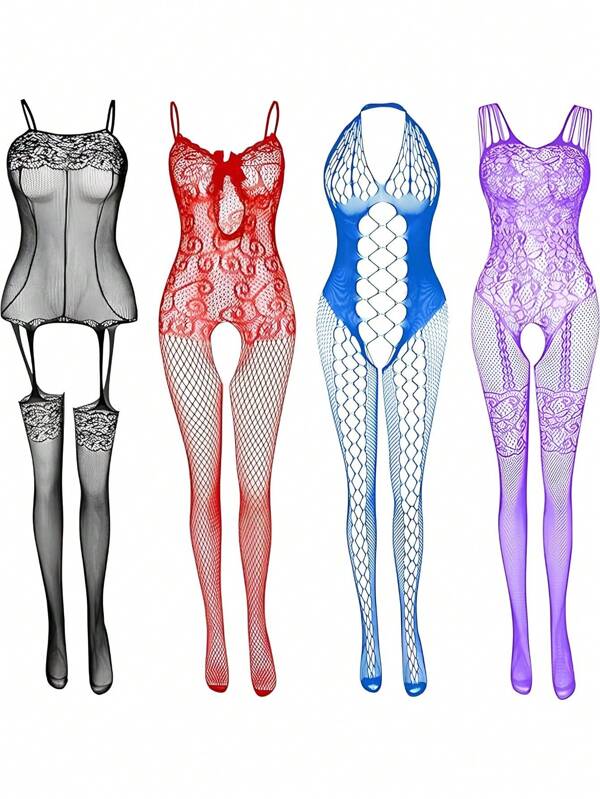 Ensemble de 4 bodys sexy pour femmes avec dentelle ajourée, design floral et filet. Sensuel, confortable et extensible. Convient pour le pyjama, la lingerie ou la tenue de soirée. Parfait pour un rendez-vous, une soirée lingerie, une nuit de noces, la Saint-Valentin, un cadeau de mariée, la lune de miel et plus encore, rave