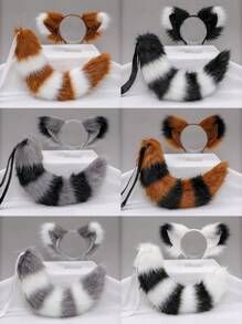 1套狐狸耳朵頭箍和尾巴套裝，毛茸茸的動物耳朵COS尾巴配件，手工製作的狐狸耳朵頭箍和尾巴套裝，用於服裝派對裝飾 - 彩色 - 查看 2