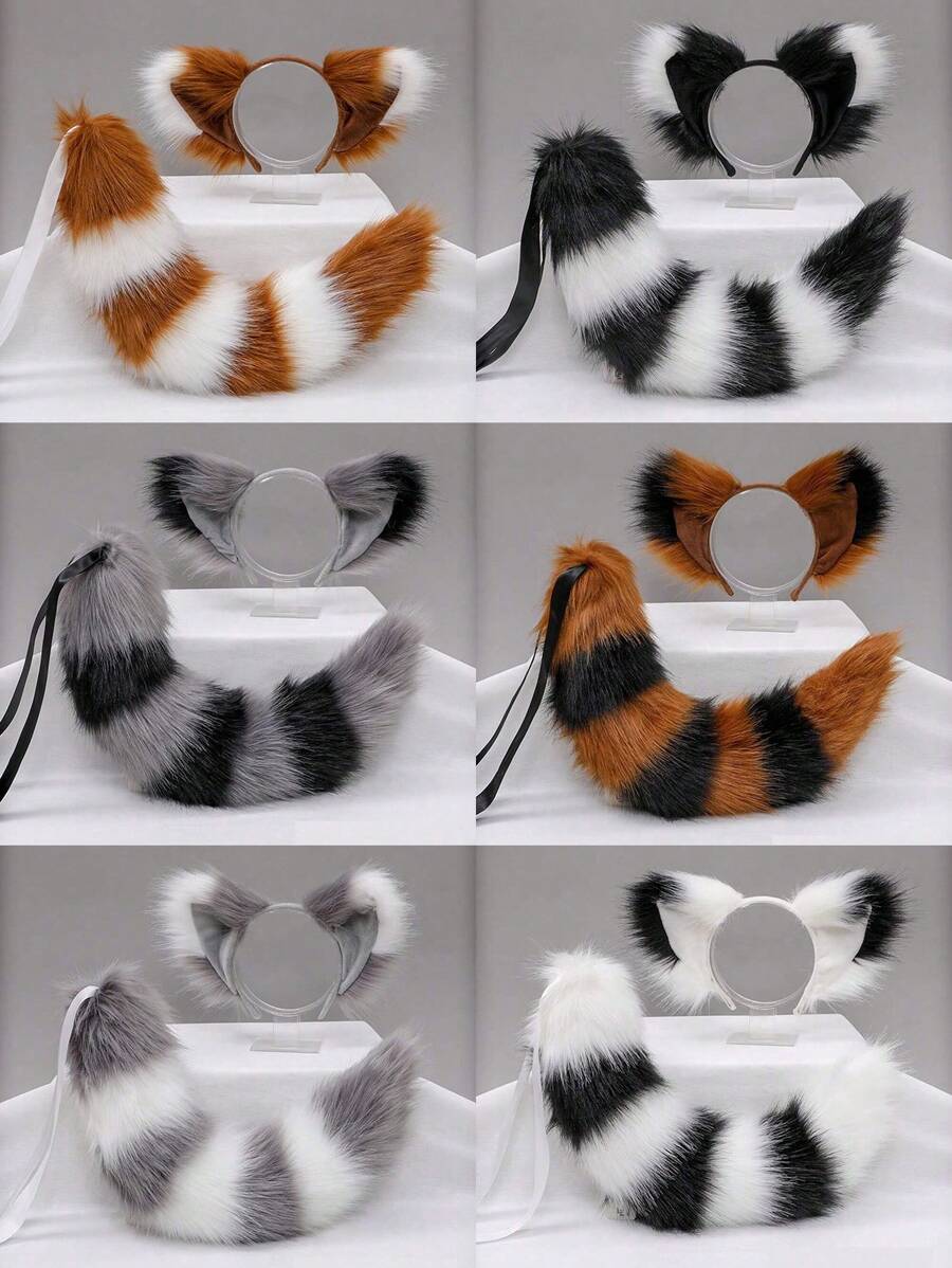 1套狐狸耳朵頭箍和尾巴套裝，毛茸茸的動物耳朵COS尾巴配件，手工製作的狐狸耳朵頭箍和尾巴套裝，用於服裝派對裝飾