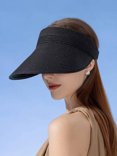 Boho 1pc New Summer Straw Sun Hat For Women, Wide Brimmed Headband Style Korean Fashion Beach Cap With Open Top