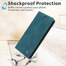 OUKNOEO 时尚翻盖钱包纯色仿皮手机壳带吸附卡槽适用于 17 Air 16e 15 14 13 12 11 Pro Max Plus S25 Edge S24 S23 Ultra Plus A16 A36 A56 带 4 个信用卡槽支架保护套 - 寶藍色 - 查看 7