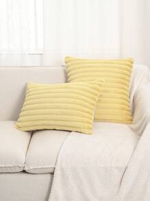 1入組帶條紋的人造兔毛枕套或腰枕套（不含內芯） - 黃色 - 查看 3