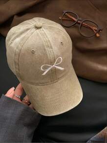 1pc Women's Vintage Sweet Bow Embroidery Washed Baseball Cap With Wide Brim, Spring Cute Valentine's Day Valentines