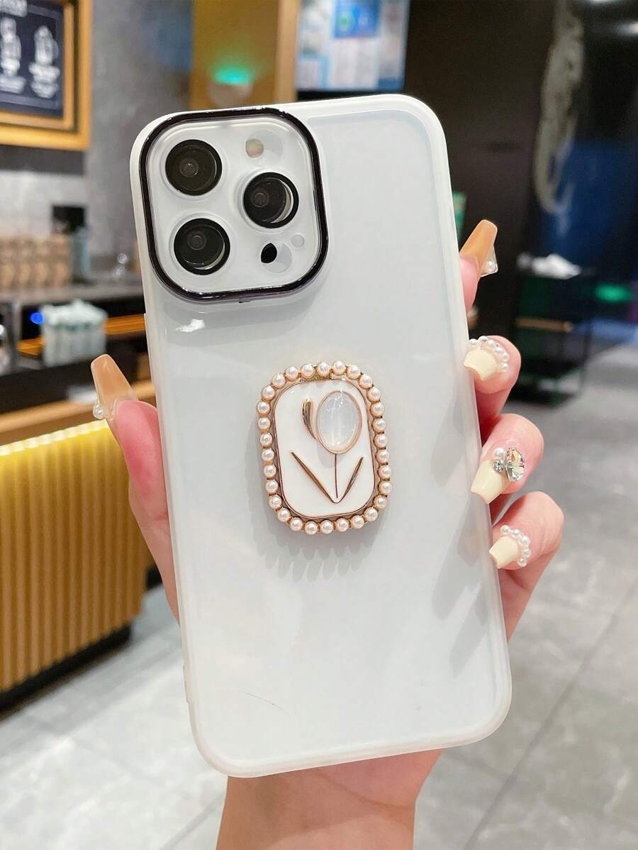 1pc Multi-Color Faux Pearl Holder Phone Case Compatible With Apple/Samsung/Xiaomi/Redmi/Oppo/Vivo - White - View 1