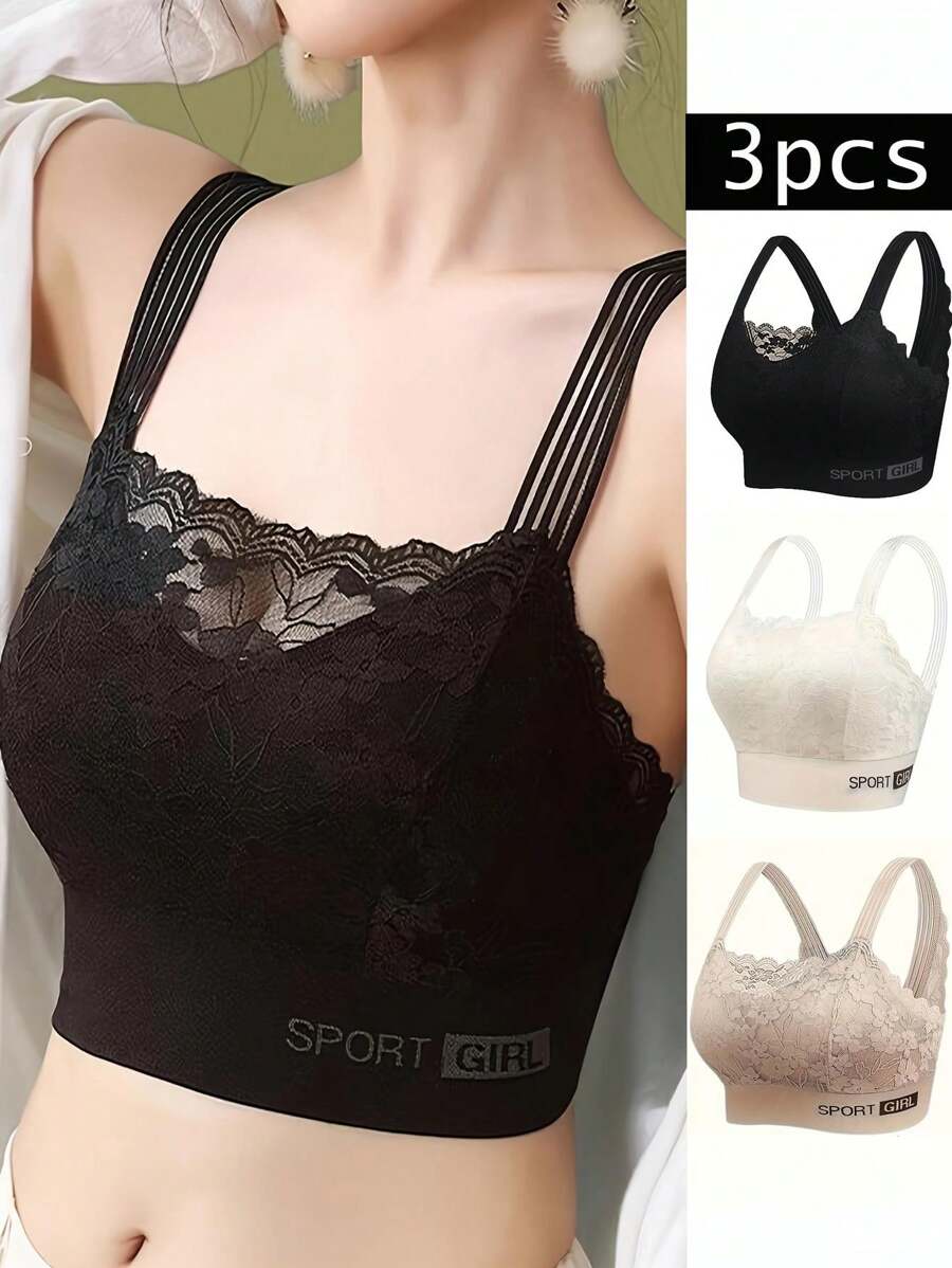 3pcs Women Solid Color Wireless Lace Embellished Bra Set, Lingerie