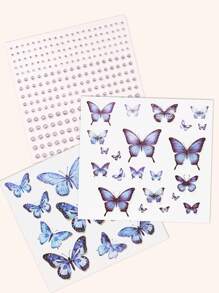 STARTTOOS 3pcs Sparkling Butterfly Design & Silver & White Rhinestone Decor Face & Eye Tail Temporary Tattoo Stickers - Multicolor - View 2