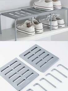 1pc Solid Color Detachable And Stretchable Layered Shoe Rack Space-Saving Plastic Storage Shelf For Kitchen, Living Room, Bedroom - Grey - View 4