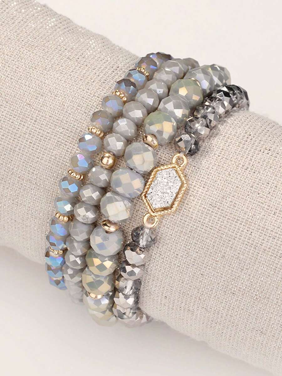 4pcs/Set Crystal Resin Beaded Bracelet For Women - Silver - View 1
