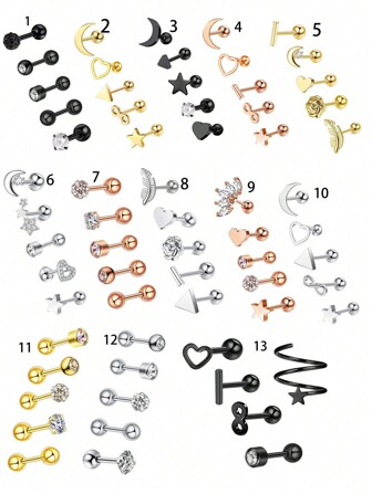 5入組16g 1.2mm軟骨耳洞釘耳環,不銹鋼耳環套裝,適用於多個穿孔小cz球形耳環,耳垂,螺旋,螺旋蝸牛耳環