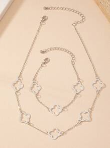1 Pezzo Collana Catena A Fiore Cava E 1 Pezzo Braccialetto A Fiore Cavo , Elegante E Popolare Set Di Gioielli Per Donne - Argento - Visualizzare 4