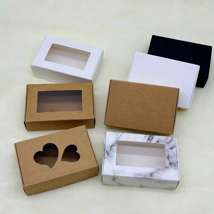 10pcs Gift Packaging Box With Kraft/White/Black Cardboard And Window/Marble Print Pattern Suitable For Soap/Plane/Craft Item 9x6x2.5cm/8.5x6x2cm Two Sizes Available