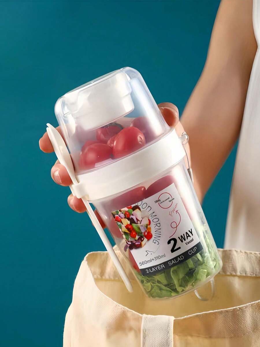 1 件白色沙拉搖壺、2 層沙拉杯、早餐外帶杯、優格外帶杯、帶叉子的麥片杯、隔夜燕麥容器、可重複使用便攜式優格零食容器、水果和蔬菜零食杯 - 白色 - 查看 1