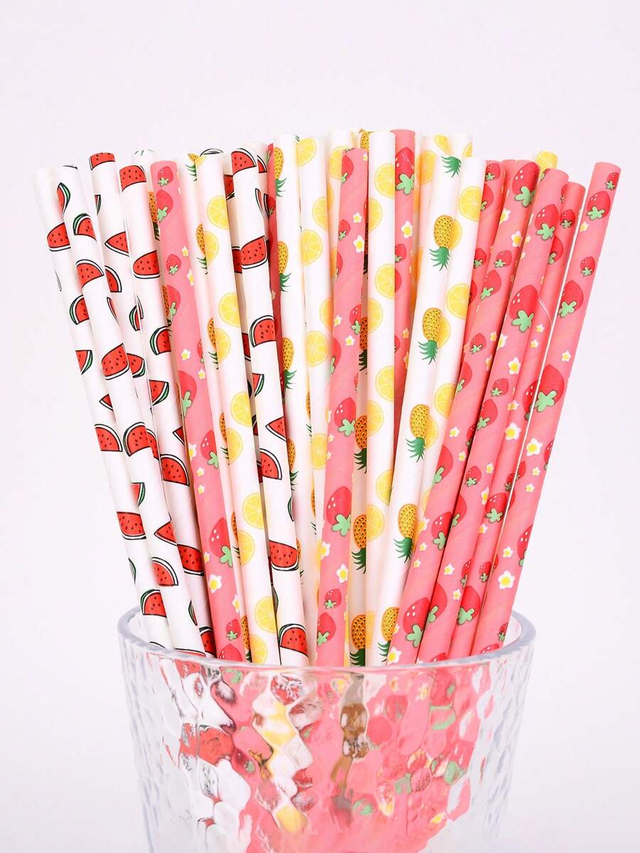 25 件/50 件可爱水果印花纸质吸管，适用于派对、果汁和饮料，一次性草莓、樱桃、西瓜、柠檬、菠萝、猕猴桃图案吸管，适用于万圣节或圣诞派对，