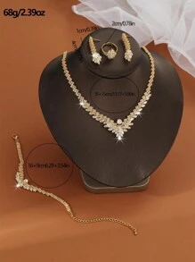 5pcs/Set Cubic Zirconia Inlaid Leaf Shape Necklace, Earrings, Bracelet And Ring Set, Luxurious & Gleaming Jewelry Set For Parties, Banquets, Eid Al-Fitr - T8193 - View 3