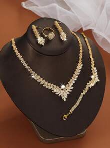 5pcs/Set Cubic Zirconia Inlaid Leaf Shape Necklace, Earrings, Bracelet And Ring Set, Luxurious & Gleaming Jewelry Set For Parties, Banquets, Eid Al-Fitr - T8193 - View 1