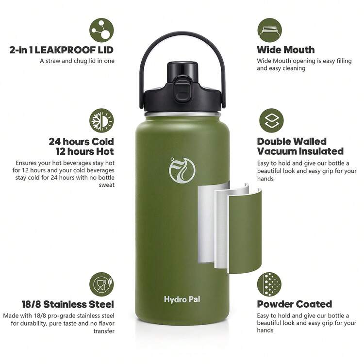 Insulated Water Bottle With 2-In-1 Lid (Chug Lid/Straw Lid),40oz/64oz Double Walled Vacuum Stainless Steel Water Bottles, Water Jug With Straw, Wide Mouth Insulated - 橄欖綠 - 查看 6