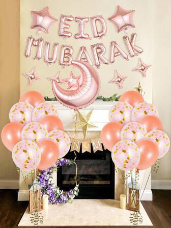 26pcs Rose Gold Mubarak Letter Aluminum Foil Balloons Set, Moon And Star Shaped Balloons, Multicolor Confetti Balloons, Suitable For Decoration And Party Supplies