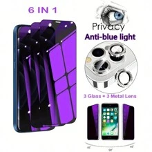 6in1 [3Pcs Purple Screen Glass + 3Pcs Bling Rhinestone Metal Lens] Anti-Blue Light Privacy Screen Protector Compatible With IPhone 15 11 12 13 14 Pro Max Camera Len Protective Glass Compatible With IPhone 15 14 Plus 13 12 Mini - Multicolor - View 1
