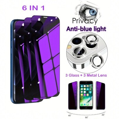 6 in 1 [3 pezzi vetro per schermo viola + 3 pezzi obiettivo in metallo di cristallo bling] Proteggi schermo Privacy Anti-Blue Light compatibile con iPhone 15 11 12 13 14, copertura obiettivo in vetro protettivo della fotocamera compatibile con iPhone 15 14 Plus 13 12 Mini