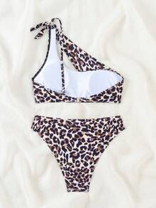 Women Sexy Leopard Print One Shoulder Bikini Set Summer - Multicolor - View 4