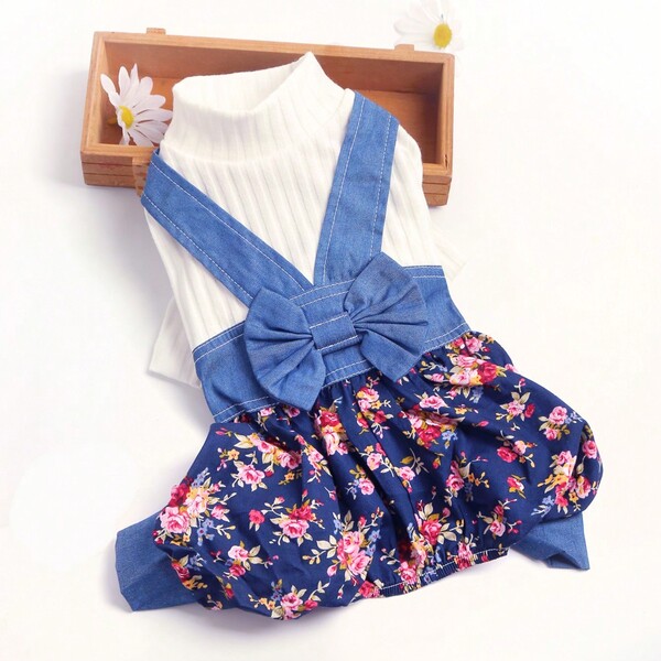Pet Dog Four-Legged Denim Jumpsuit With Floral Patterns