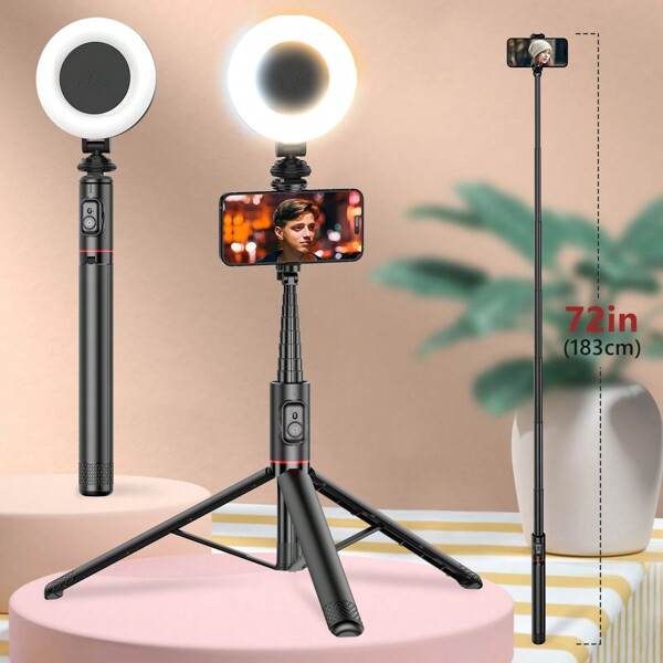 AXNEN Bastão de Selfie Profissional de 183cm, Tripé Estável de 72 Polegadas, Design Oculto Portátil Tudo-em-Um, Haste de Alumínio Extensível Super Longa e Porta de Sapato Frio, Suporte de Telefone com Rotação de 360° e Controle Remoto Sem Fio, Compatível com Selfies de Vídeo Gravação de Vídeo, Vlogging, Transmissão Ao Vivo para iPhone e Android.