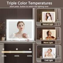 Hasipu 14 英寸 X 11 英寸带灯梳妆镜，LED 化妆镜，3 种模式灯光，智能触控可调光，带支架的桌面镜，铝制薄框架，适用于客厅、家居浴室装饰夏季化妆品收纳盒浴室配件返校 - 方形白色 - 查看 2