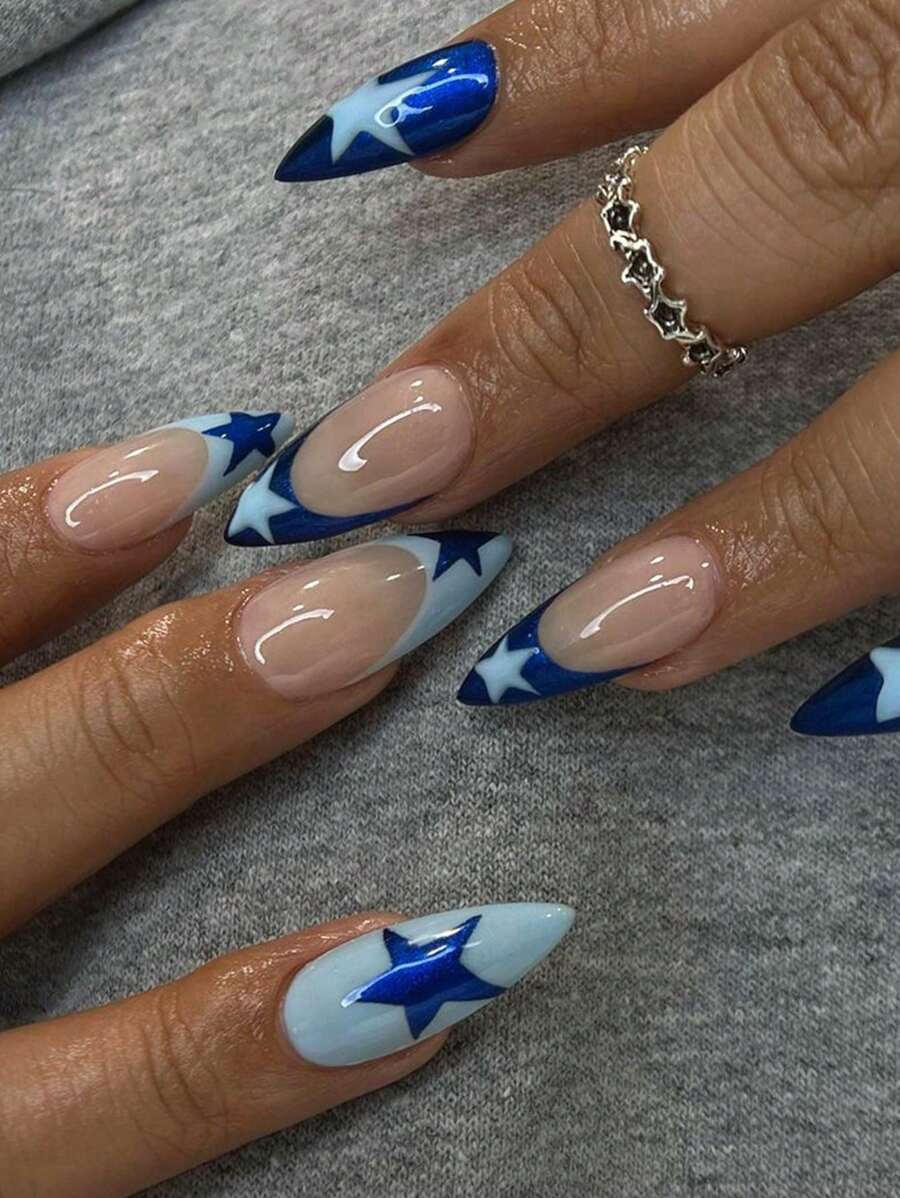24pcs Almond Shape False Nails In Blue Color Including French Style, Royal Blue Star, Blue Star, And Waterdrop Shape Design + Jelly Gel + Nail File Press On Nails Nail Supplies - Royal Blue - View 1
