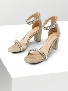 Women Rhinestone Decor Chunky Heeled Ankle Strap Sandals, Glamorous Party Heeled Sandals, For Daily, Wedding, Vacation, Prom - Gold - View 5