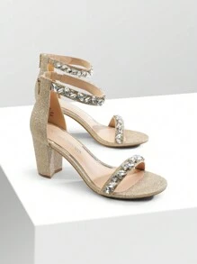 Women Rhinestone Decor Chunky Heeled Ankle Strap Sandals, Glamorous Party Heeled Sandals, For Daily, Wedding, Vacation, Prom - Gold - View 8